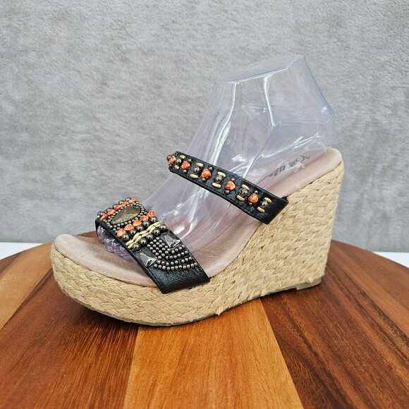 Very Volatile Cadence Espadrille Wedge Sandals 10 Black Leather Beaded Jute Heel - Picture 1 of 15